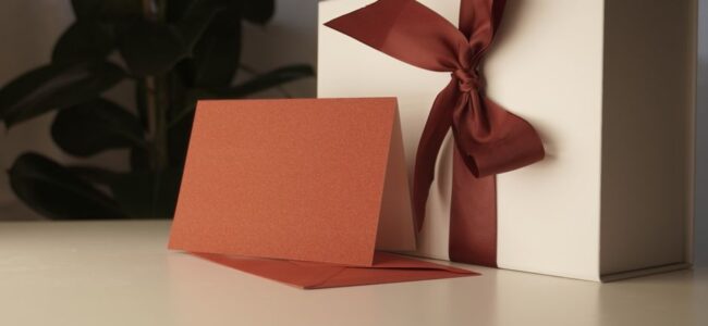 Eleganckie firmowe kartki bożonarodzeniowe z logo leżące na drewnianym stole obok choinkowych ozdób